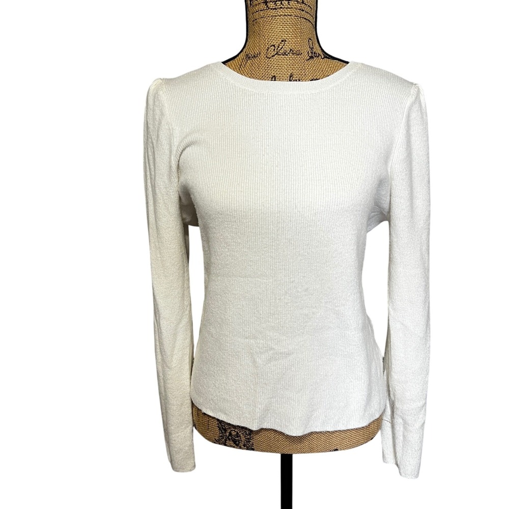 Express White Size Medium Puff Sleeve Top‎ Ribbed Knit Long Sleeve Sweater
